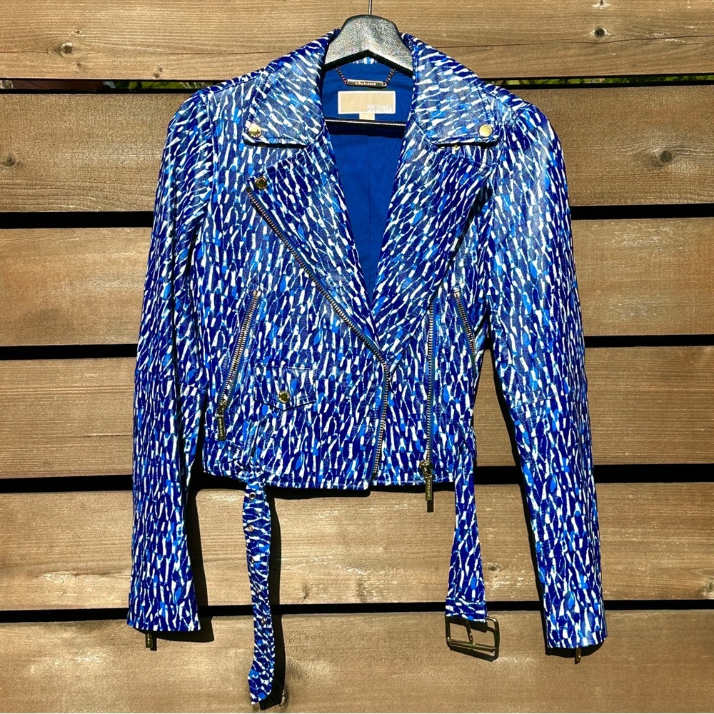 Michael Kors Blue Patterned Leather Moto Jacket